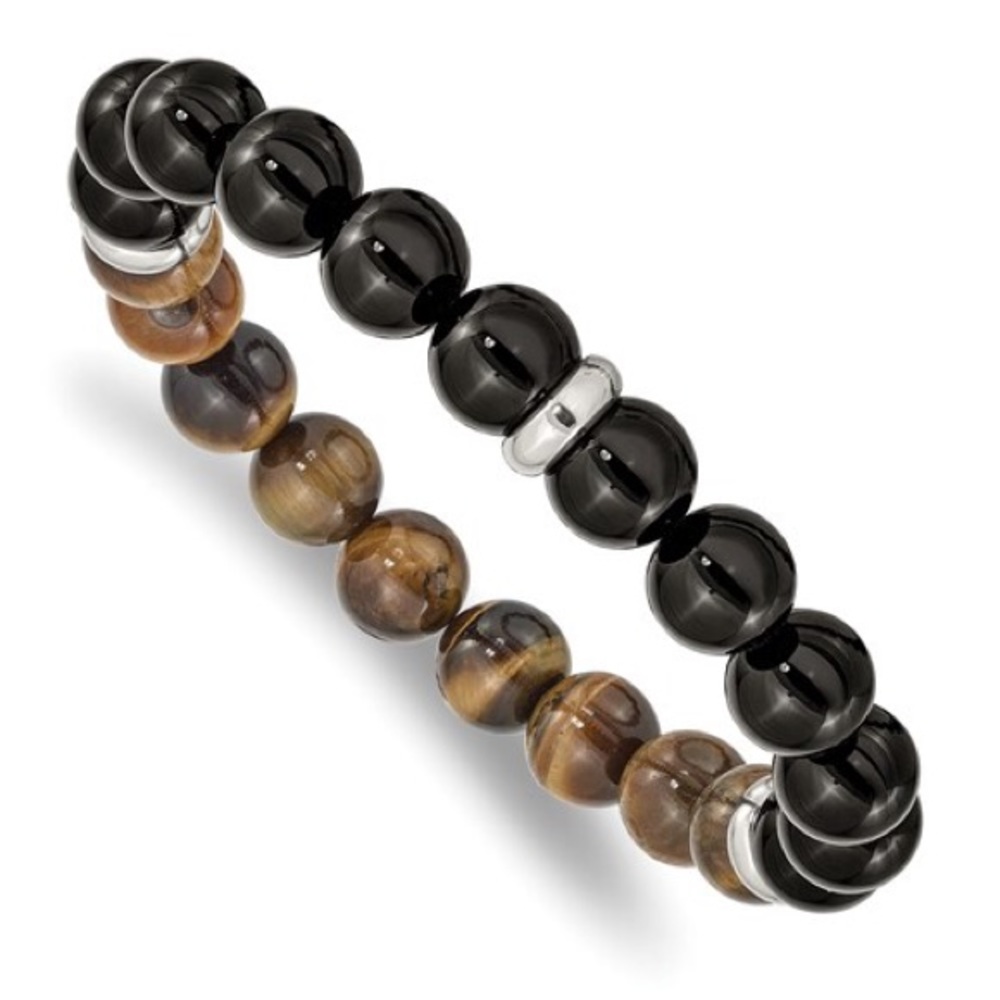 BLACK AGATE, TIGER’S EYE & STAINLESS STEEL SPACER